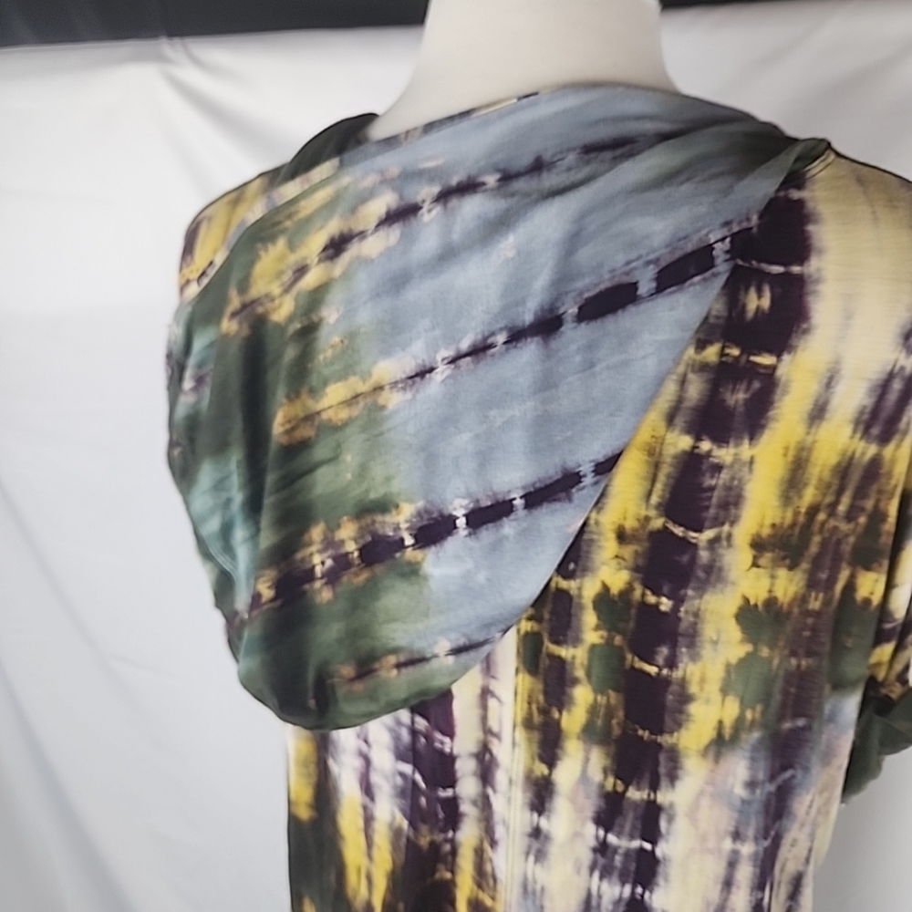 Coin 1804 Hooded Top Women Sz 1X Hand Tie Dye Kangaroo Pocket Boho Short Sleeve - Picture 6 of 11